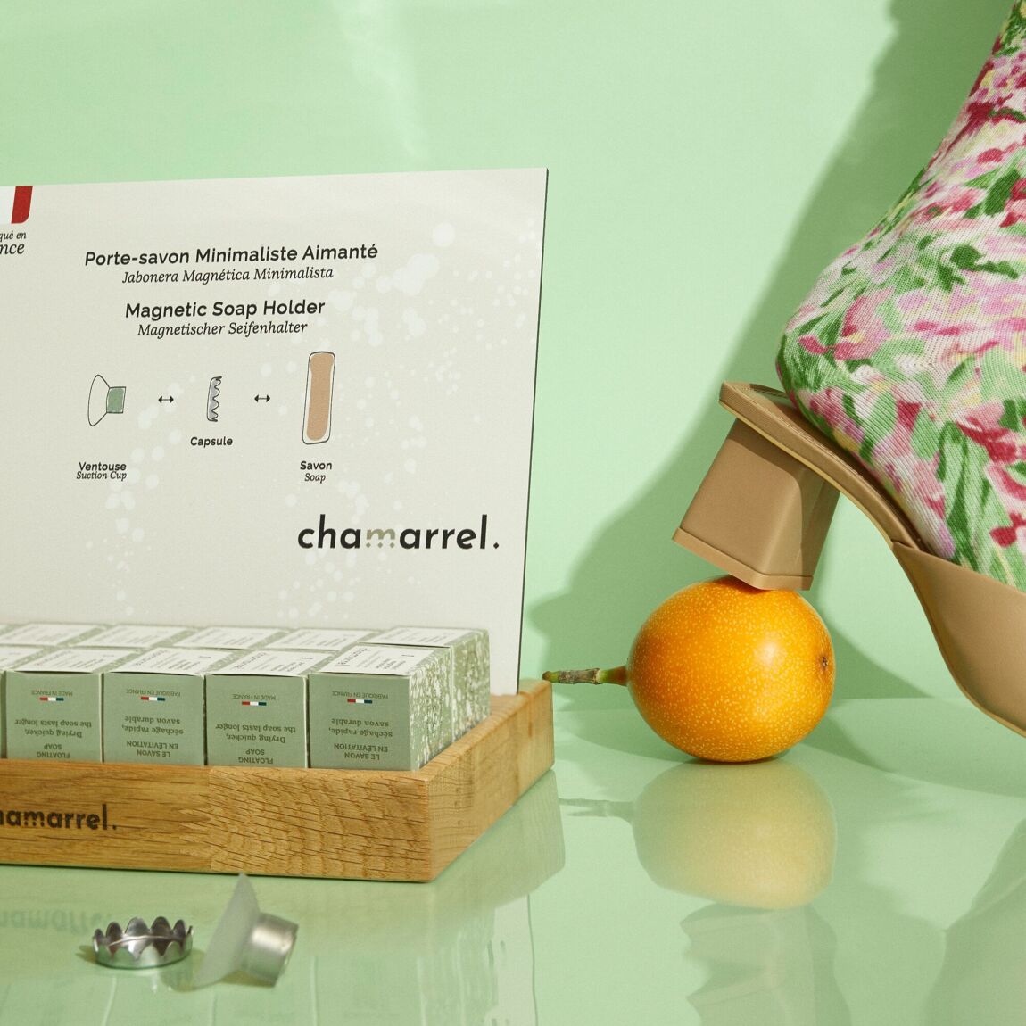 Porte-savon aimanté français Chamarrel® en acier inoxydable avec ventouse en PVC souple, supportant jusqu'à 200 grammes, idéal pour savons solides et shampoings